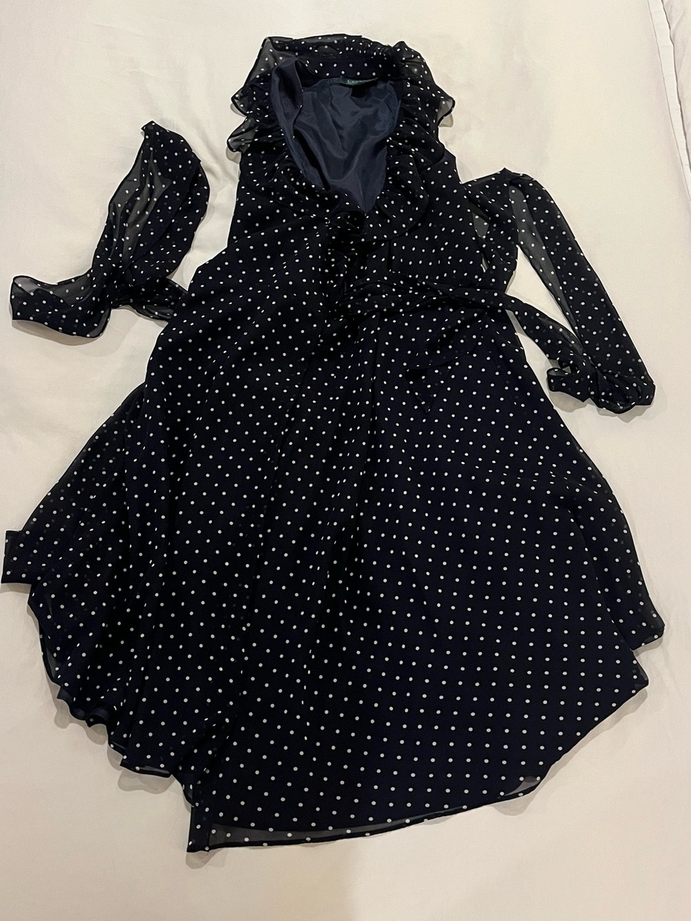 Ralph Lauren Navy Polka Dot Chiffon Wrap Dress